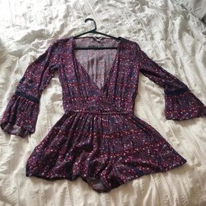 Purple Floral Printed Long Sleeve Romper